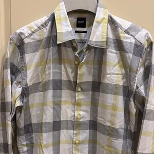 BOSS Men's White, Yellow & Gray Plaid Button-Down Shirt